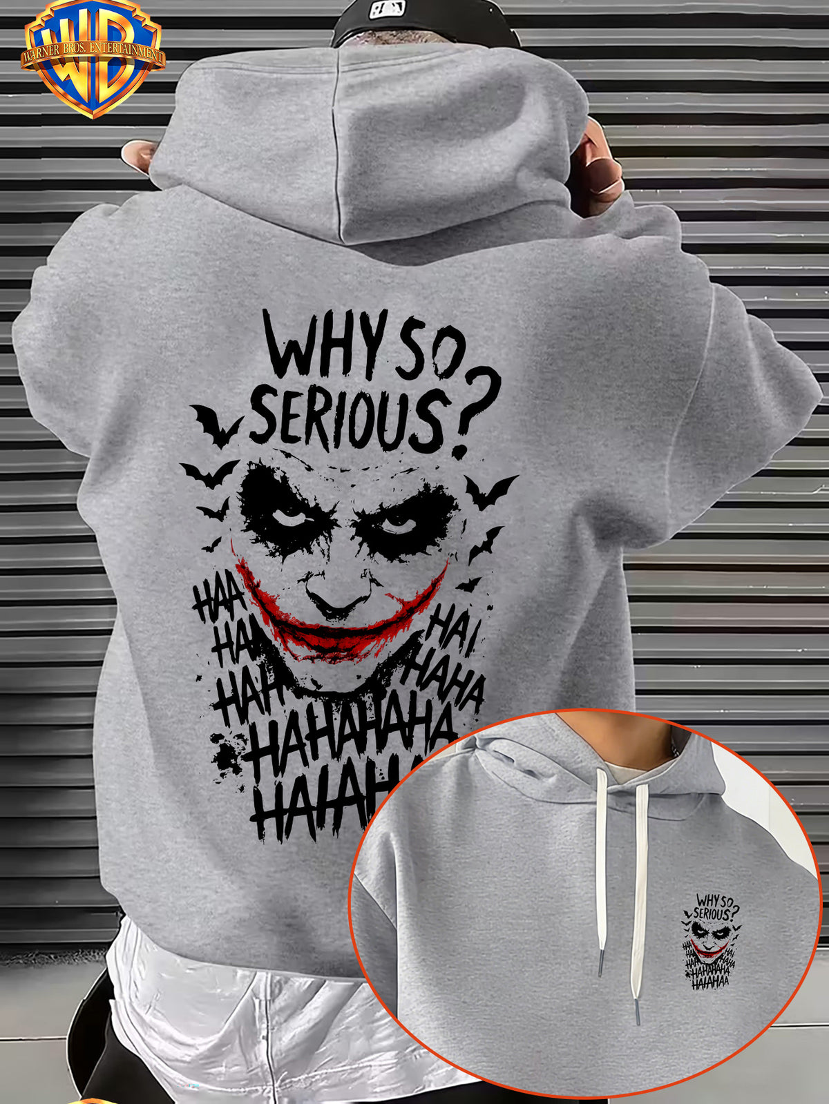 Licensed by Warner Bros., Trendy Cool Dark Distressed Joker Head, Classic Quote Slogan Bat Silhouette Street Retro Graffiti Trendy Cool Print Men'S Fashion Hooded Sweatshirt, Sleeve Print Design, Kangaroo Pocket, Drawstring Hood - Light Grey