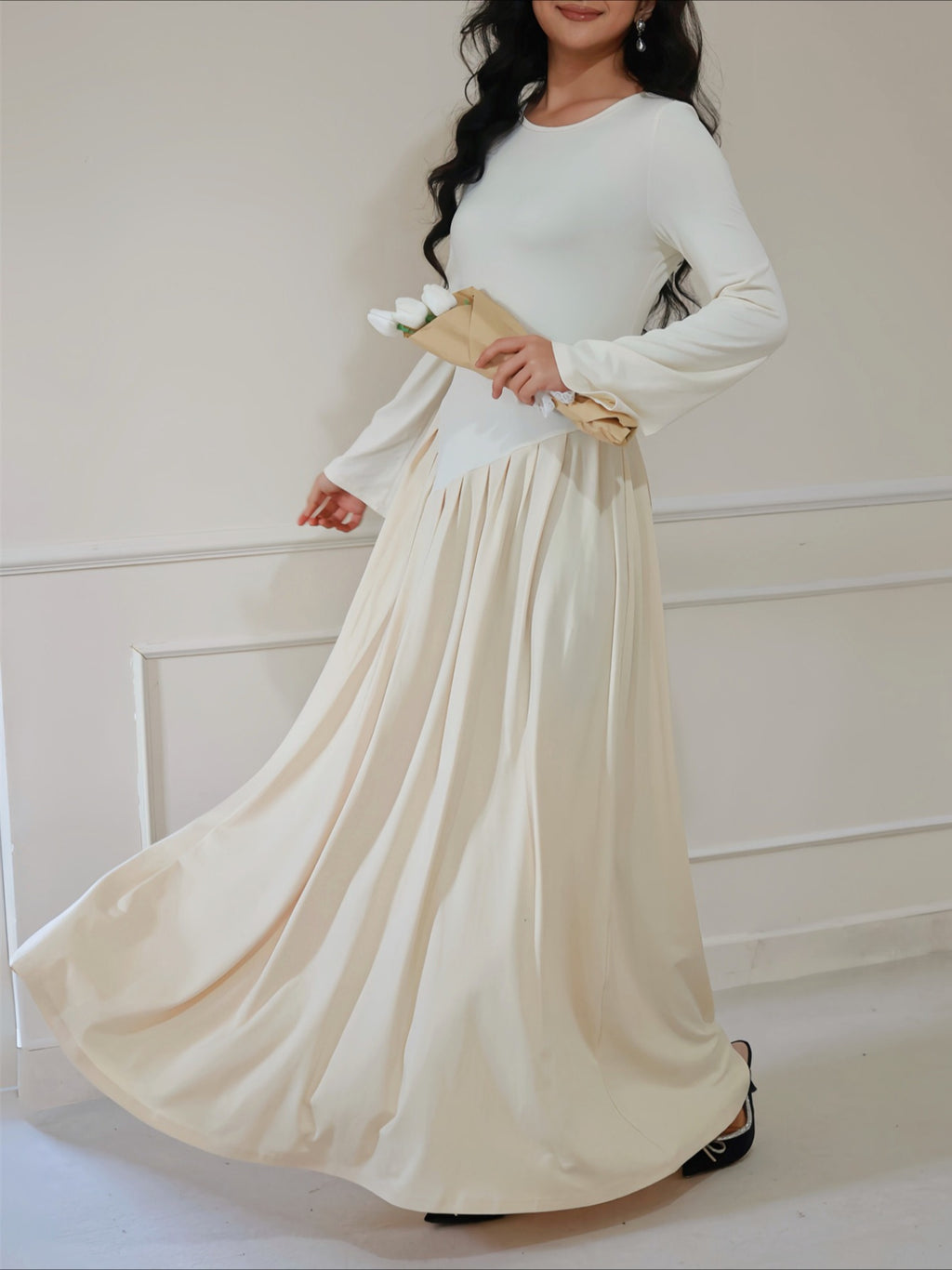 Casual Dress Kaftans Banquet Party Long Dresses, Long Sleeves, Perfect for Spring and Fall, Casual Wear | Polyester Fabric - Apricot
