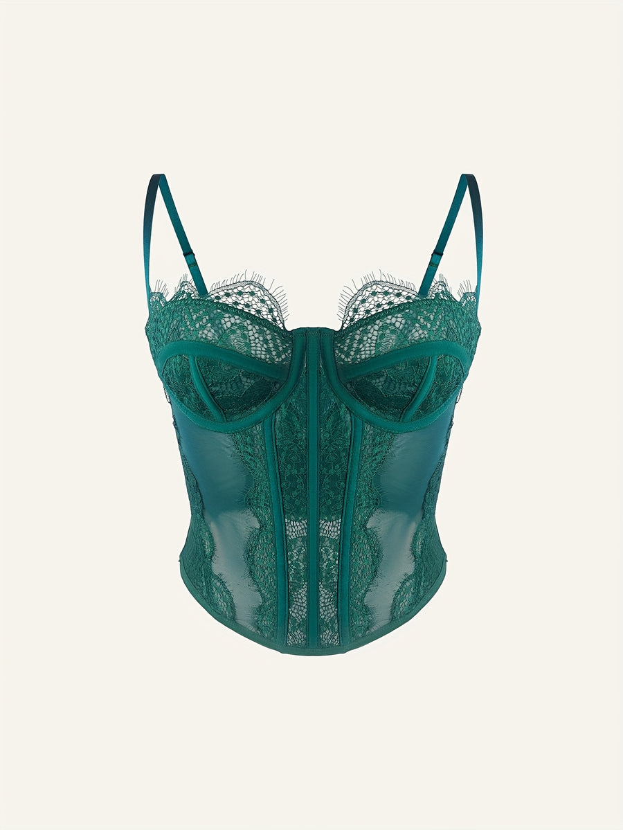 Sexy Lace Fitted Vest Top - Bodycon Cut, V-Neck, Sleeveless, Solid Color, with Exquisite Lace Detail, Suitable for Fashion Style, Lace Top - Dark Green