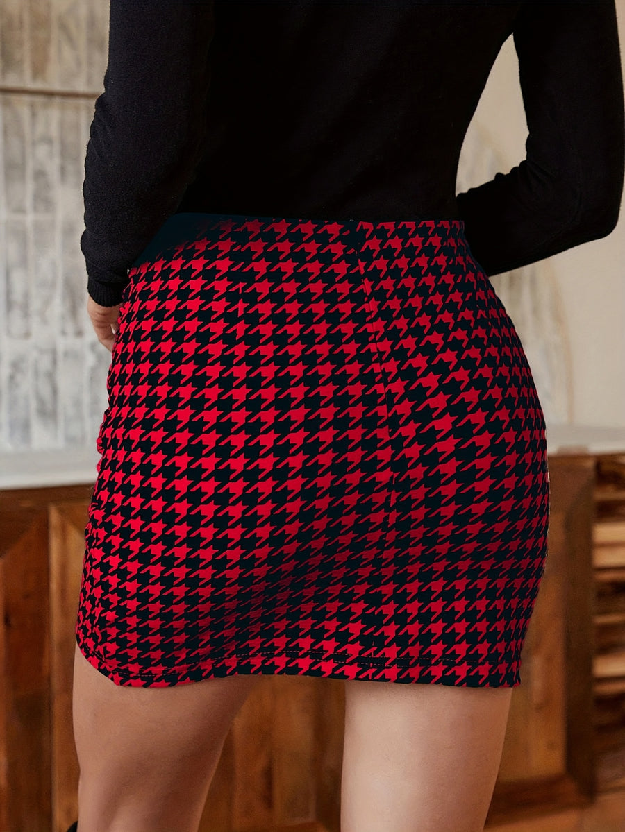 An Elegant And Stylish Short Skirt with Pleated Houndstooth Pattern, Featuring a Fitted Design Perfect for Autumn And Winter Outfits, Versatile for Everyday Wear - Black&Red