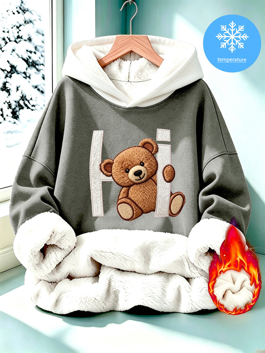 Women's Faux Embroidery Print Thick-Lined Loose Hooded Sweatshirt with 3D Plush Hi Bear Print, Contrast Color Hood Top, Autumn/Winter Warm Pullover, Lazy Style Aesthetic Casual Shirt - Grey White