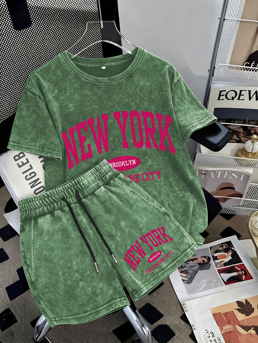 Summer Trendy Fashion Distressed Washed Short Sleeve Shorts with Drawstring Women'S Set NEW YORK City Letter Print American College Style (Varsity), New York Landmark Theme, Retro Style Comfortable for Hot Weather, Classic Silhouette for Styling - Green