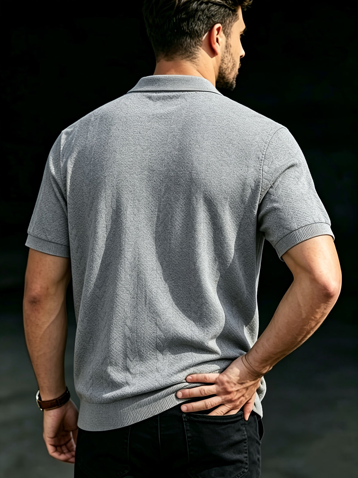 Men's Summer Jacquard Ribbed Lapel Short-Sleeve T-Shirt, Simple Casual Breathable Business Versatile Knitted Polo Shirt - Light Grey