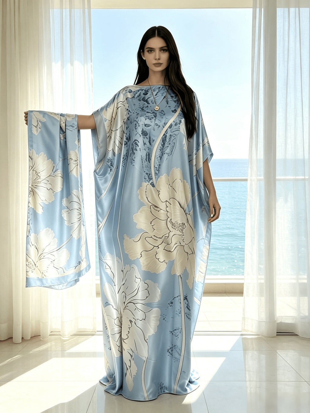 Plus Size - 2pcs Set of Light Blue Sky Blue Ink Powder Printed Long Robe And 1 Scarf Set for Women'S Plus Size Boat Neck Loose Bat Sleeves Kaftan Robe Vacation Beach Dress Bohemian Style Plus Size Banquet Dress Home Nightgown - Sky Blue