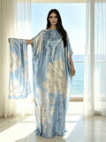 Plus Size - 2pcs Set of Light Blue Sky Blue Ink Powder Printed Long Robe And 1 Scarf Set for Women'S Plus Size Boat Neck Loose Bat Sleeves Kaftan Robe Vacation Beach Dress Bohemian Style Plus Size Banquet Dress Home Nightgown - Sky Blue