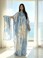 Plus Size - 2pcs Set of Light Blue Sky Blue Ink Powder Printed Long Robe And 1 Scarf Set for Women'S Plus Size Boat Neck Loose Bat Sleeves Kaftan Robe Vacation Beach Dress Bohemian Style Plus Size Banquet Dress Home Nightgown - Sky Blue