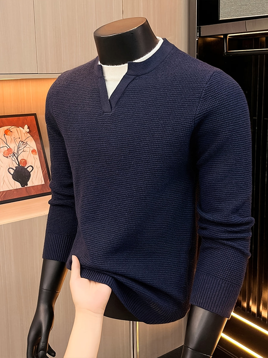 Men's Small V-Neck 2-in-1 Look Waffle Knit Textured Fabric Color-Blocked Double-Layer Neckline Soft, Warm, and Cozy Pullover Top for Spring and Autumn Casual Layering - Shangqing