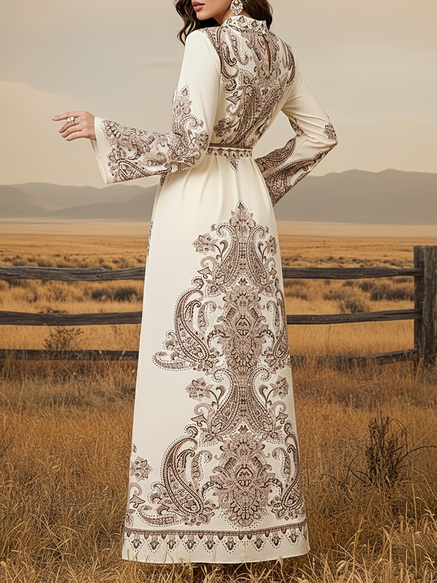 Evening Temperament Printed Dress for Women, Summer Tie-Up Bow Long Dress, for Wedding Guests - Apricot