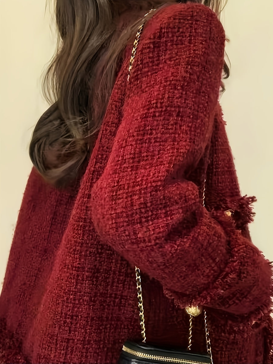 European And American Christmas Carnival Autumn And Winter Wine Red Festive Party Short Slim-Fit Coat Warm Temperament Petite Fashionable Commuter Round Neck Single-Breasted Cardigan Long Sleeves - Burgundy