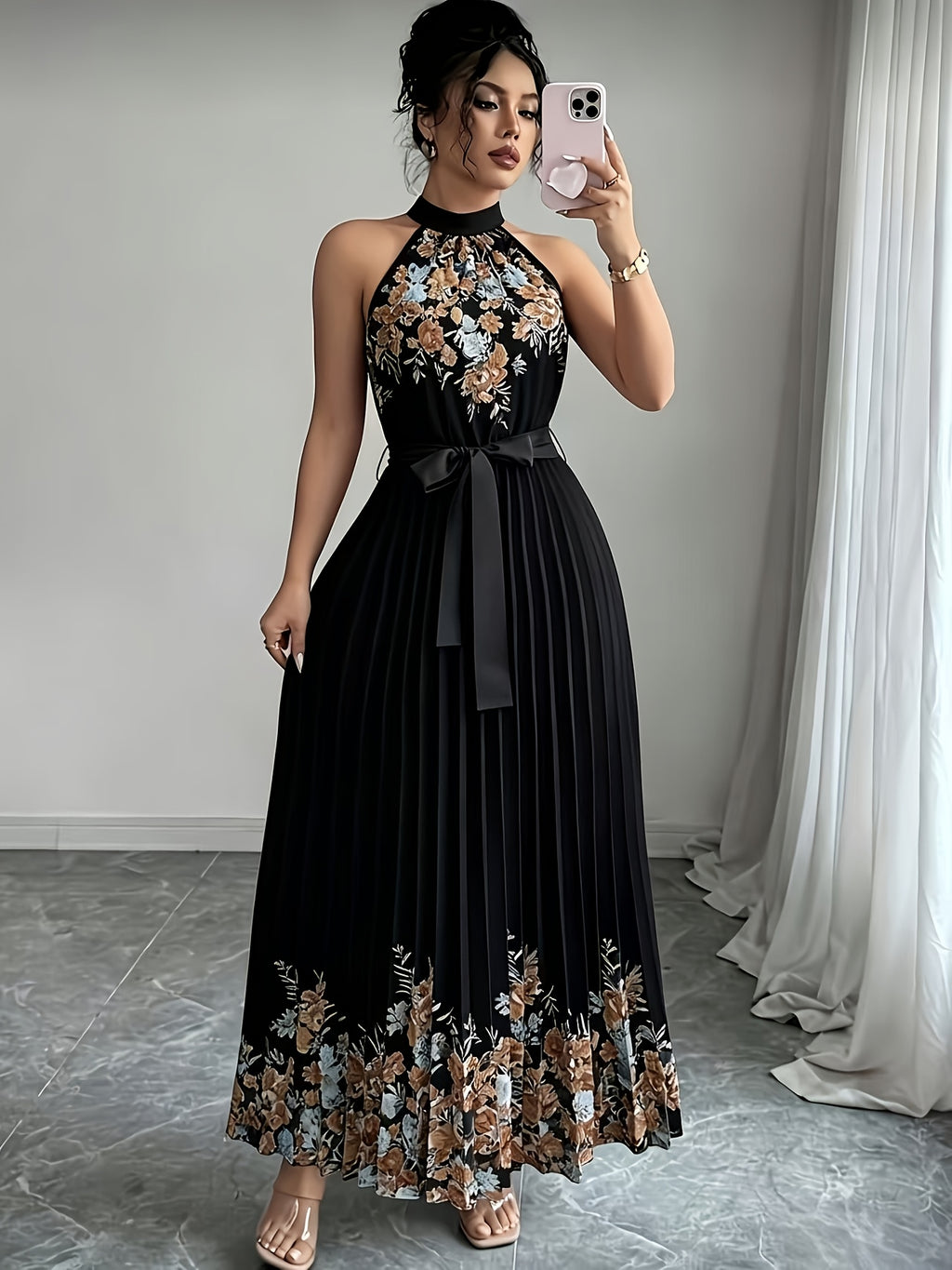 Women'S Floral Print Pleated Flared Maxi Dress with Tie Waist, Wedding Evening Party Formal Gown, Date Vacation Dress - Black