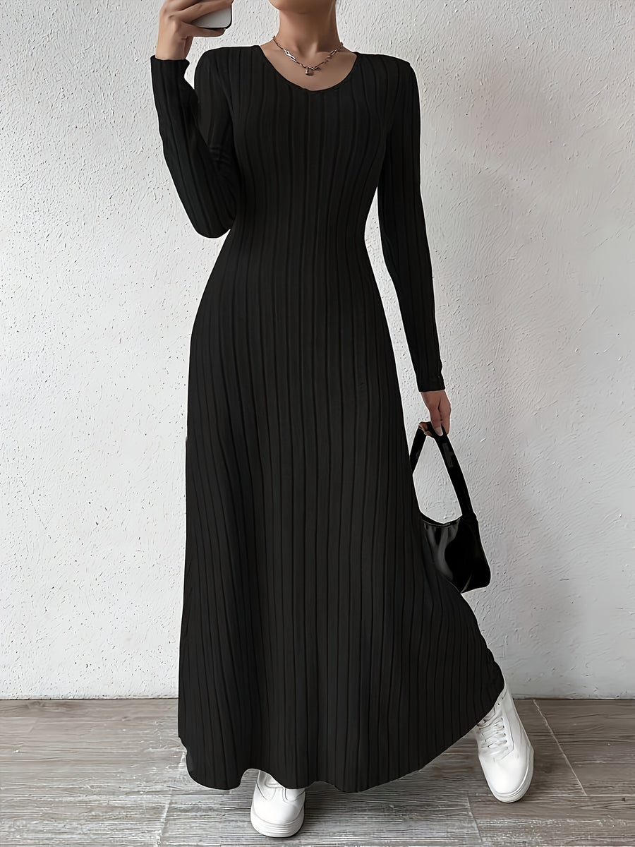 Women's Elegant V-Neck Long Sleeve A-Line Dress - Solid Color Machine Washable Fall Dress with Flattering Silhouette, Versatile for Casual & Formal Occasions, Long Sleeve Maxi Dress, Comfortable Fit - Black