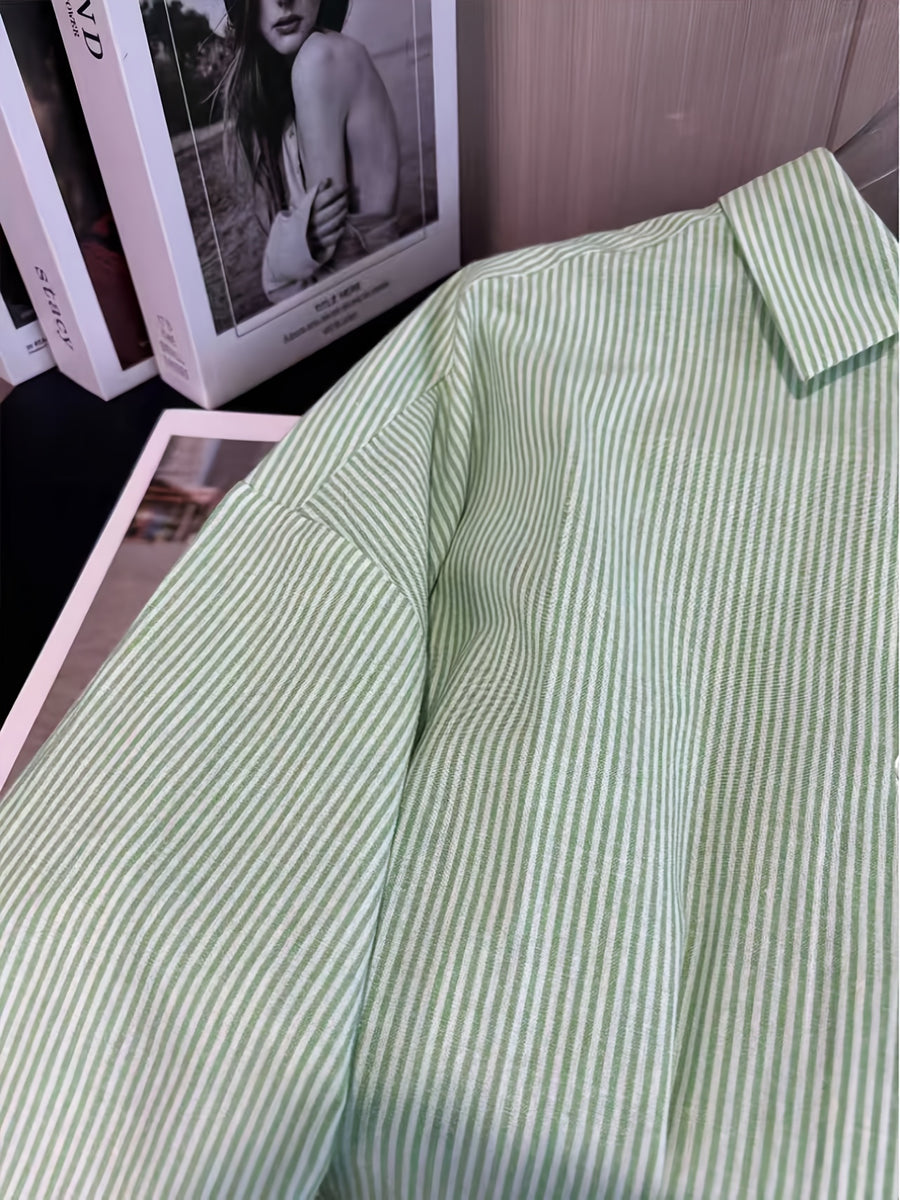 Versatile Basic Spring/Autumn Lightweight Niche Embroidered Patch Print Long Sleeve Thin Striped Loose Fit Multi-Color Casual Shirt - Light Green 02 Version