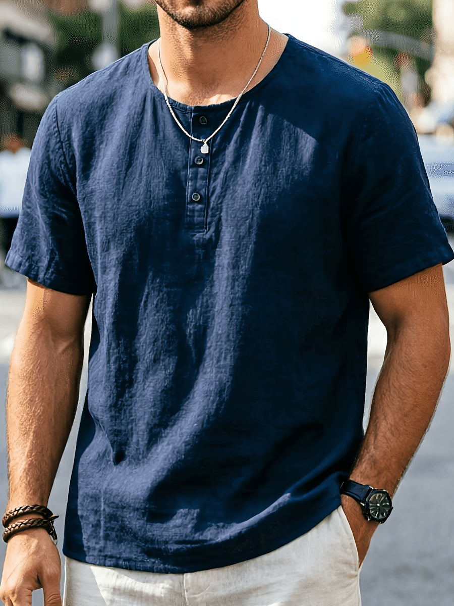 Men'S Summer -Linen Half-Zip Short Sleeve T-Shirt - Breathable Crew Neck Casual Top - Navy Color