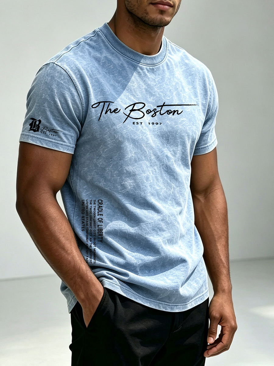 American Retro Washed Distressed Short Sleeve T-Shirt Men'S Summer Multi-Position English Print Round Neck Short Sleeve Street Trendy Fitness All-Match Top - Sky Blue
