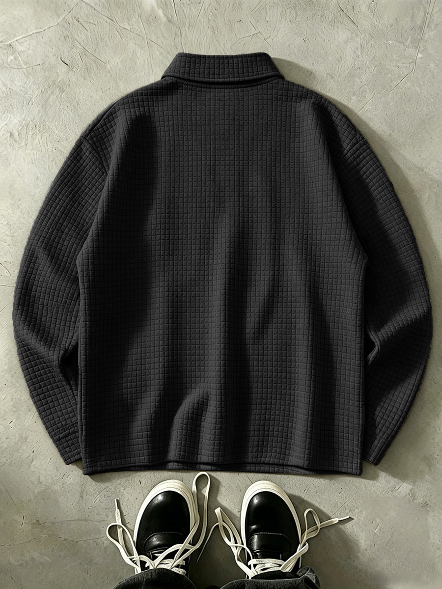 LOS ANGELES Men'S Half-Zip Fashion Waffle Texture Autumn Winter Casual Athletic POLO Shirt Sweatshirt, Street Style Versatile Trendy Long Sleeve Top - Black