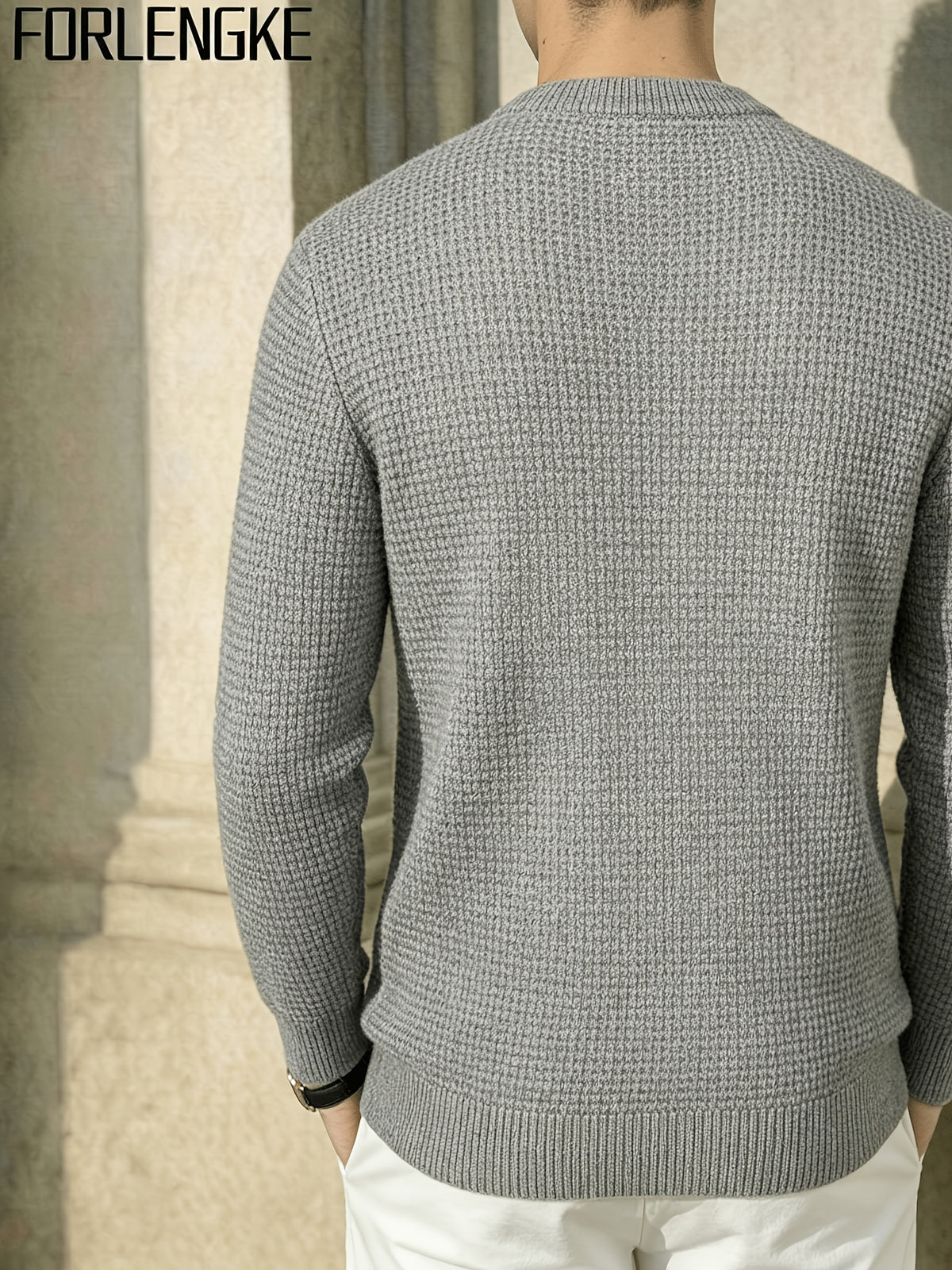 FORLENGKE Men Business Casual Henley Collar Cable Knit Sweater, Soft Warm Long Sleeve Pullover Tops for Autumn Winter Office Daily Wear - Grey