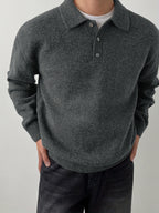 Men's POLO Collar Sweater for Autumn/Winter, Lazy-Style High-End Winter Pullover, Inner Layer Base Top, Lapel Knit Outerwear, Thick Jacket - Dark Gray