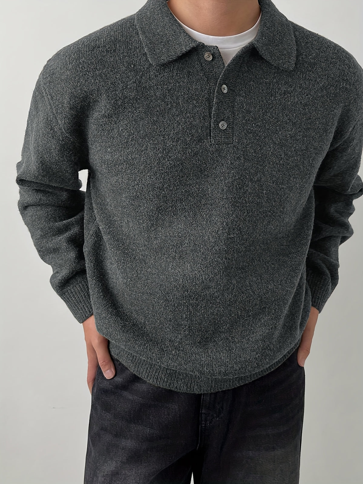 Men's POLO Collar Sweater for Autumn/Winter, Lazy-Style High-End Winter Pullover, Inner Layer Base Top, Lapel Knit Outerwear, Thick Jacket - Dark Gray