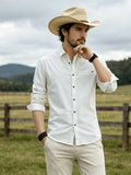 Men's Casual Long-Sleeve Shirt with Lapel and Faux Pocket Design, Slim Fit for a Slimming Look, Durable and Wrinkle-Resistant for Daily Outdoor Casual Wear, Business-Casual Solid Color Shirt - White
