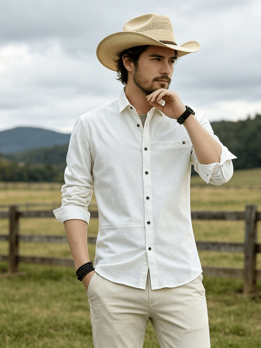 Men's Casual Long-Sleeve Shirt with Lapel and Faux Pocket Design, Slim Fit for a Slimming Look, Durable and Wrinkle-Resistant for Daily Outdoor Casual Wear, Business-Casual Solid Color Shirt - White