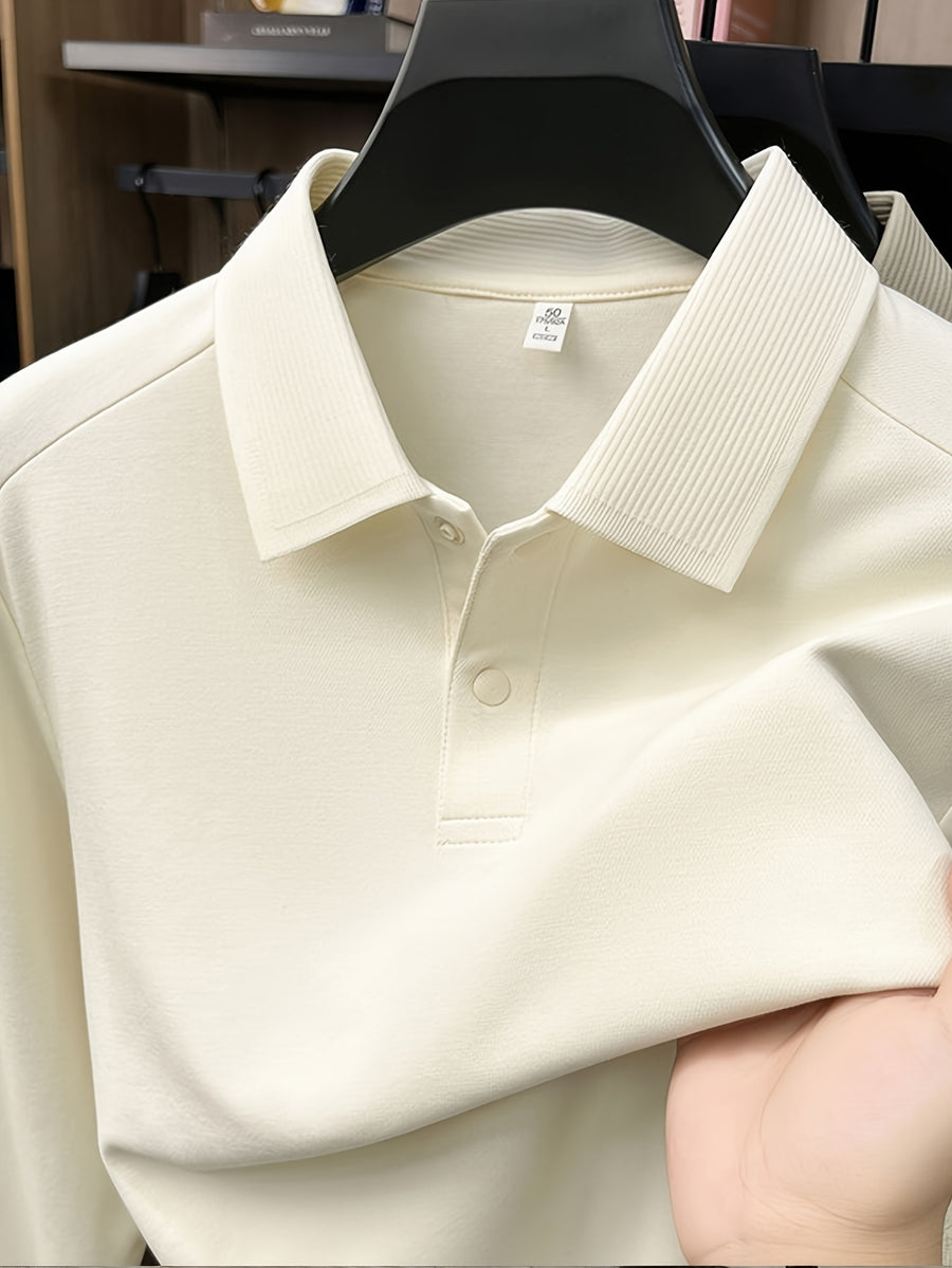Men'S Lapel Long Sleeve Polo Shirt, 2-Button Design, Ribbed Polo Collar, Suitable for Commute And Casual Wear, Can Be Worn Inside Or Outside - Off-white