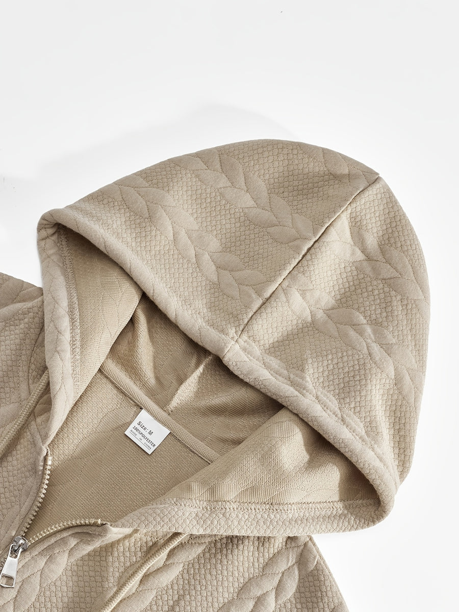Autumn Winter Men'S Thick Jacquard Long Sleeve Cardigan Hoodie, Comfortable Warm Fabric with Trendy Print, Suitable for Daily Outings, Outdoor Sports, Travel, And Vacation, Lightweight Comfortable Regular Fit, Ideal for Beach, Hiking, Evening Wear - Khaki