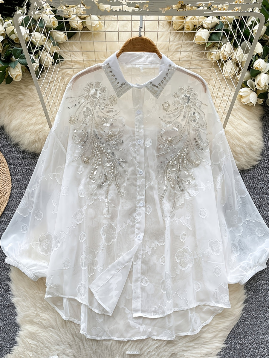 Light Luxury Socialite Heavy Bead Sequin Embroidery Lantern Sleeve Shirt Women'S Summer Thin Loose Outerwear Long Sleeve Top - White