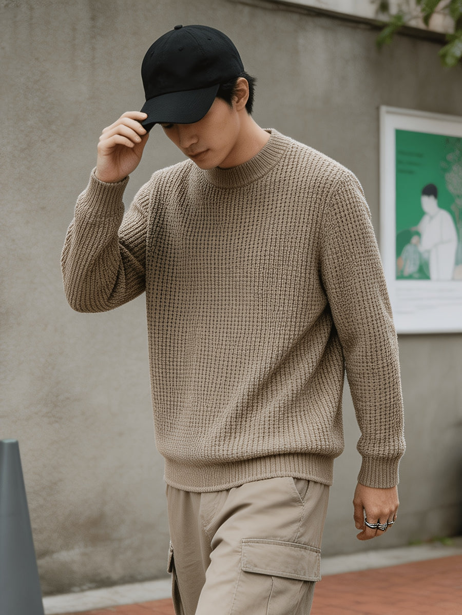 Autumn Winter Men'S Waffle Knit Round Neck Pullover Sweater, Faux Two-Piece Color Blocked Trim Long Sleeve Knit Top, Loose Drop Shoulder Warm Sweater, Suitable for Daily Commute Casual Wear - Apricot