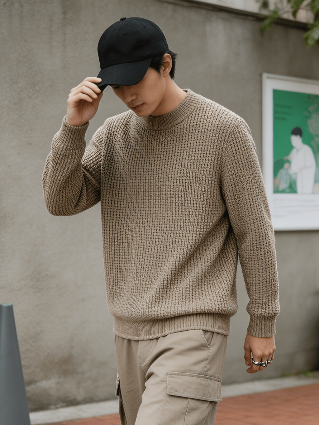 Autumn Winter Men'S Waffle Knit Round Neck Pullover Sweater, Faux Two-Piece Color Blocked Trim Long Sleeve Knit Top, Loose Drop Shoulder Warm Sweater, Suitable for Daily Commute Casual Wear - Apricot