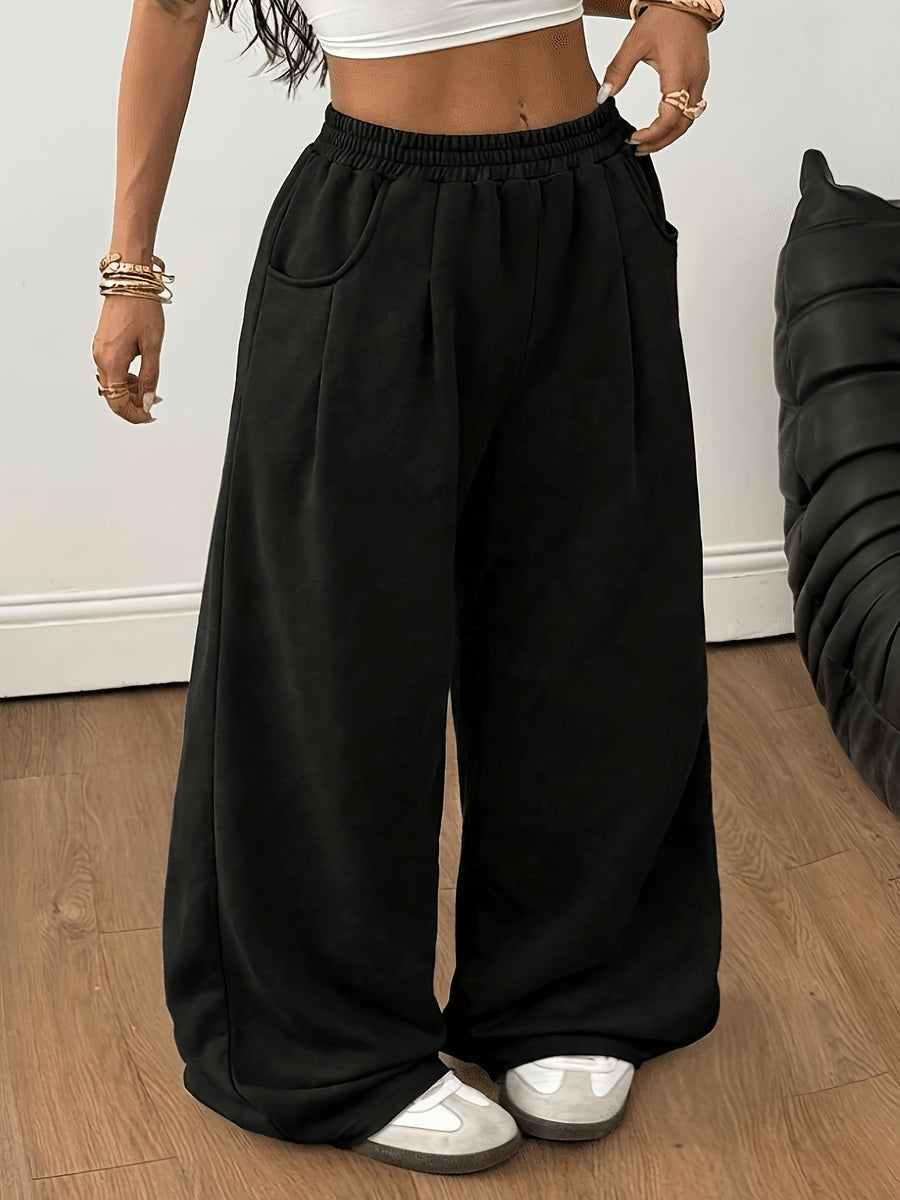 Plus Size, Plus Size Women's High-Waisted Wide-Leg Sweatpants - Elastic Waist Straight-Leg Pants with Smock/Pocket Style, Smock/Pocket Detailing & Vertical Pleats, Loose-Fit for,, Casual Wear, Machine Washable (Multiple Sizes Available) - Black