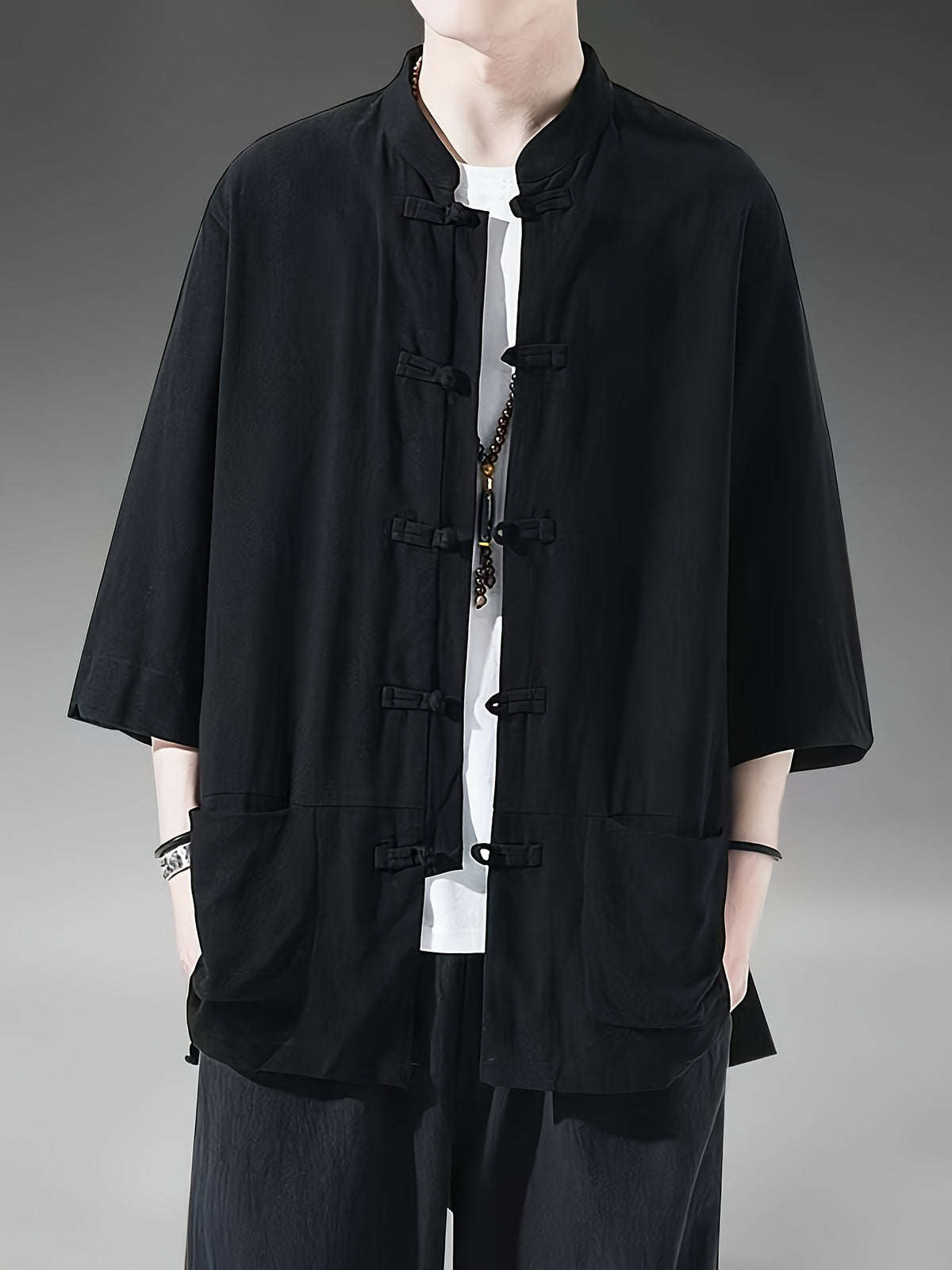 Spring Summer Men'S Top New Linen Short Sleeve Shirt Chinese Style Traditional Ancient Style, Button-Up Loose Casual Fashion Temperament High-End Men'S Comfortable Skin-Friendly Business Easy Style Fabric with Texture - Black