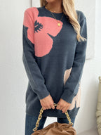 Elegant Round Neck Sweater Suitable for Fall/Winter - Soft Plant Pattern (Flower) Color-Blocking, Cozy Knitwear for Blouses & -Casual Outfits - Mixed colors