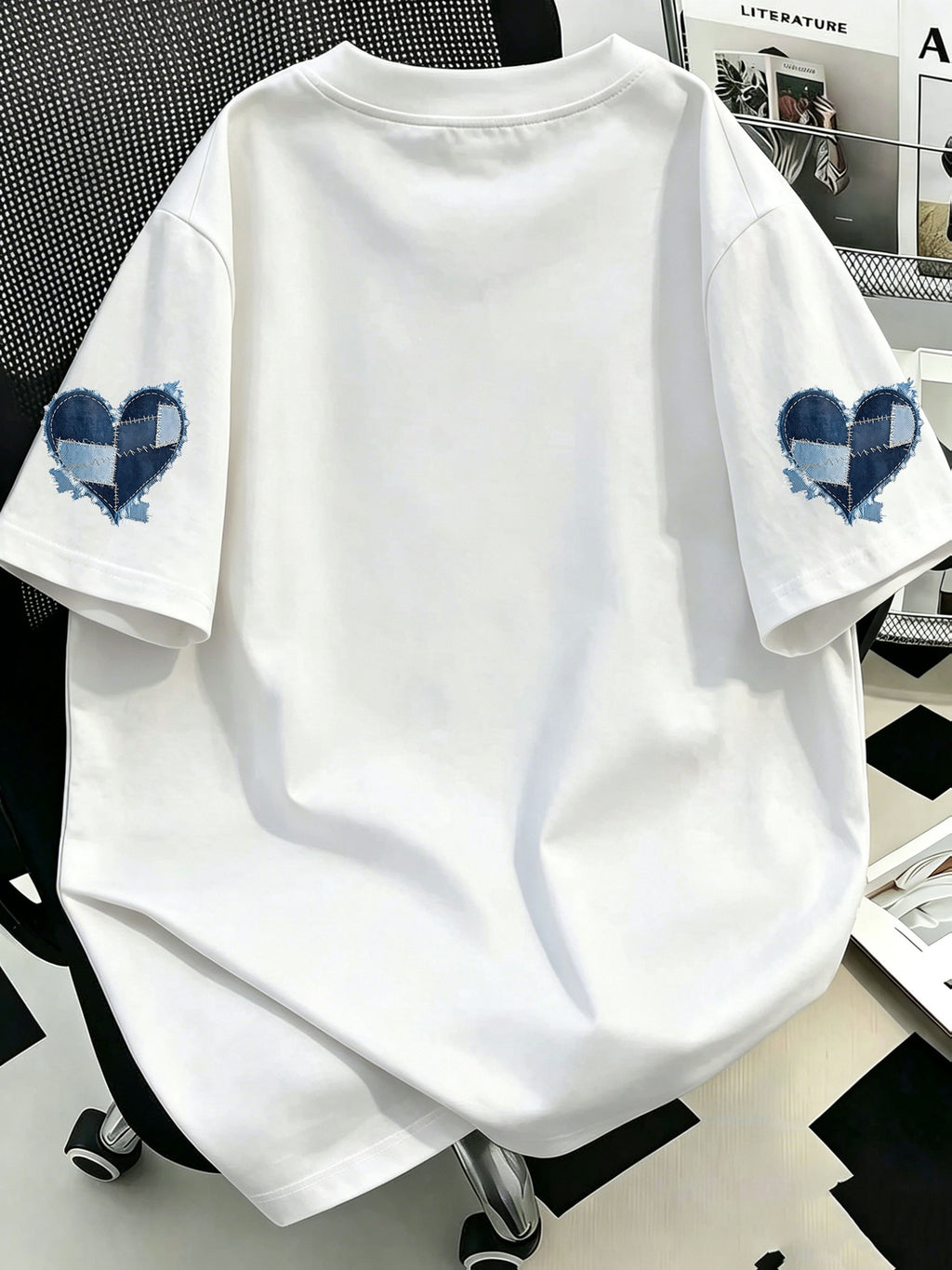 Plus Size, Plus Size Women's Casual Denim Patchwork Heart Print Crew Neck T-Shirt, Comfortable and Relaxed, Suitable for Summer Vacations, Beach, Holidays, Spring, Valentine's Day, Carnival Gifts - White