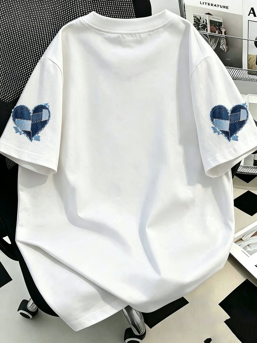 Plus Size, Plus Size Women's Casual Denim Patchwork Heart Print Crew Neck T-Shirt, Comfortable and Relaxed, Suitable for Summer Vacations, Beach, Holidays, Spring, Valentine's Day, Carnival Gifts - White