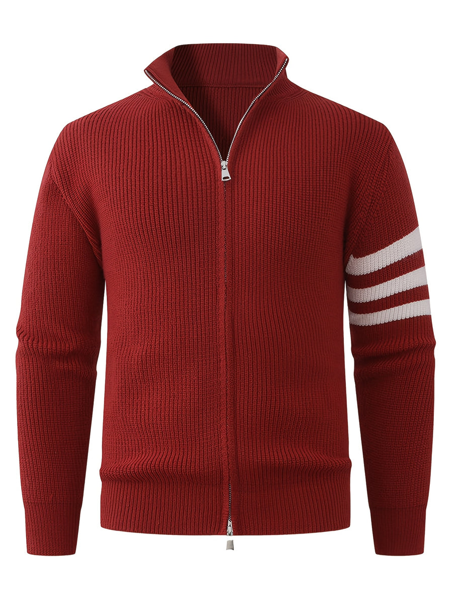 Autumn/Winter New Arrival Half-Turtleneck Striped Knit Cardigan Sweater for Men, Relaxed Style Pullover Jacket Top - Burgundy