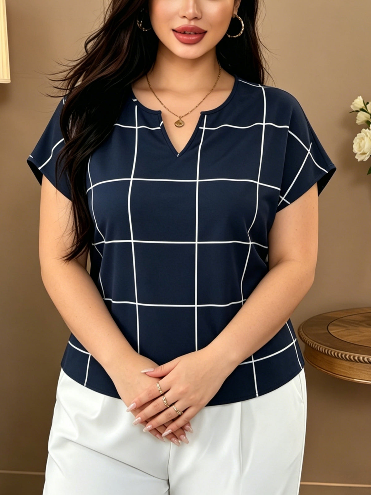 Large Plaid V-Neck Batwing Sleeve Short-Sleeved Chiffon Shirt, Minimalist Commuter Style Shirt, Versatile Temperament Top, Minimalist Commuter Style, French Relaxed Style - Blue Grid