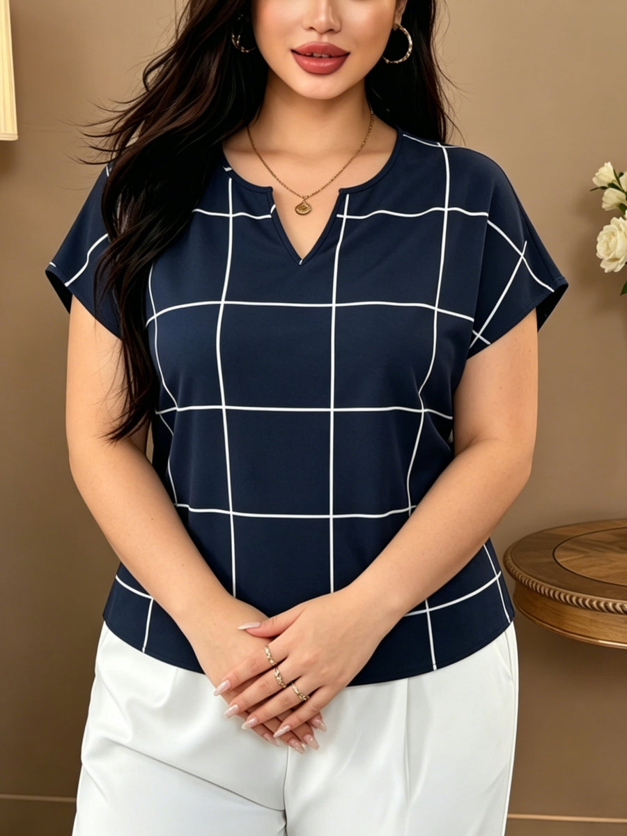Large Plaid V-Neck Batwing Sleeve Short-Sleeved Chiffon Shirt, Minimalist Commuter Style Shirt, Versatile Temperament Top, Minimalist Commuter Style, French Relaxed Style - Blue Grid