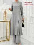 Ramadan, Women's Front-Button Long Sleeve Slit Dress & Pants Casual Arabic Style 2pcs Set, Only Clothes, Without Headscarf - Light Grey