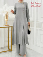 Ramadan, Women's Front-Button Long Sleeve Slit Dress & Pants Casual Arabic Style 2pcs Set, Only Clothes, Without Headscarf - Light Grey