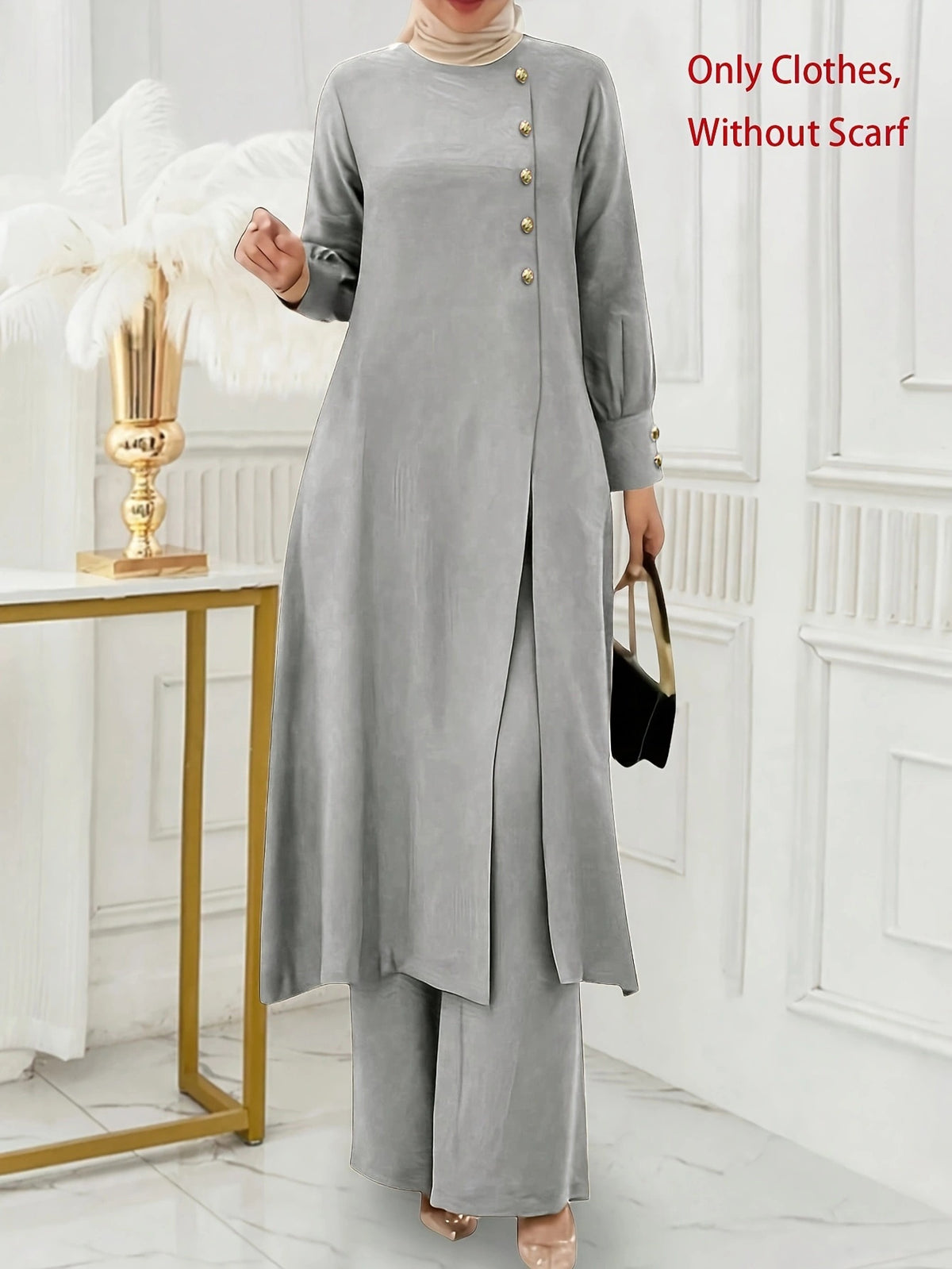 Ramadan, Women's Front-Button Long Sleeve Slit Dress & Pants Casual Arabic Style 2pcs Set, Only Clothes, Without Headscarf - Light Grey