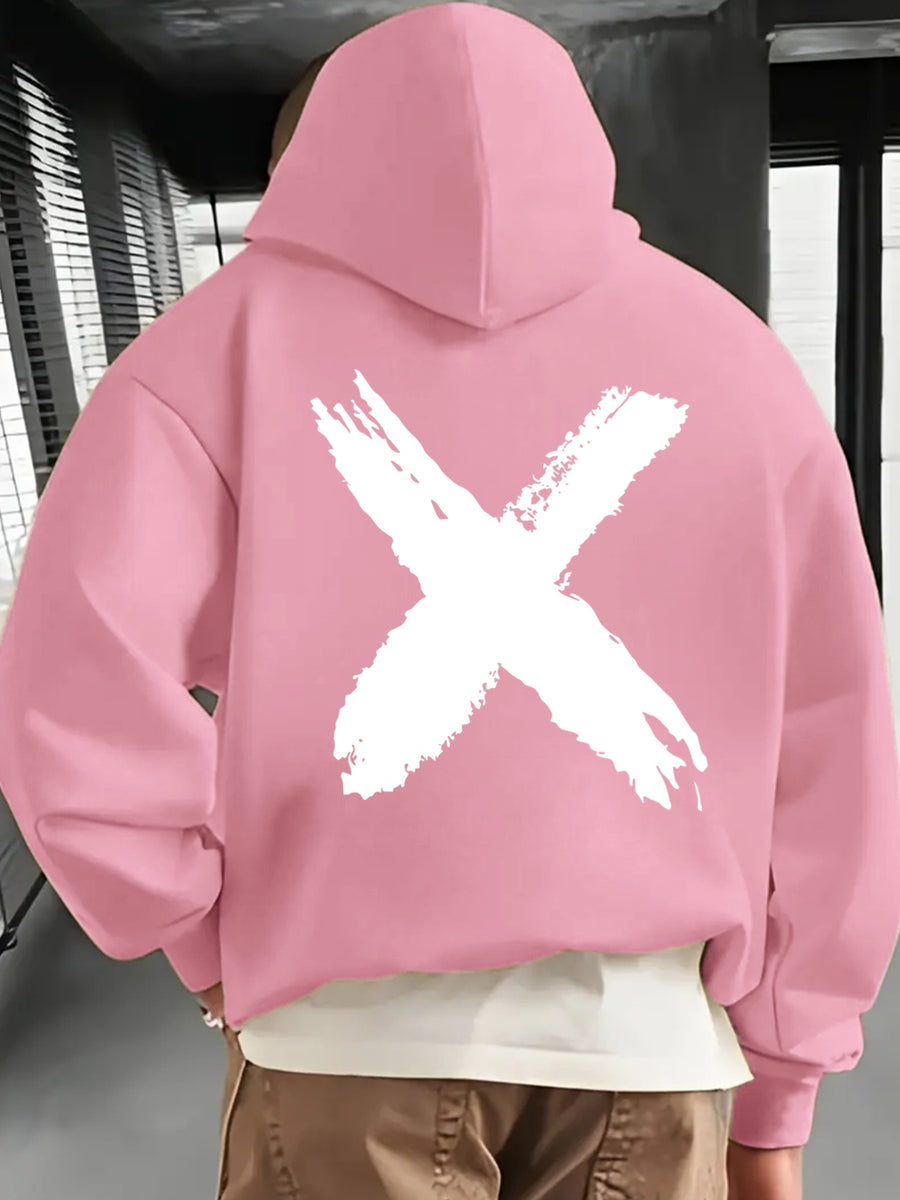 Men's Fashionable Hoodie, Loose-fit Casual Top with "X" Letter Print, Long-sleeve Sweatshirt Featuring a Kangaroo Pocket, Made of Casual Polyester Knit Fabric, Machine Washable, Suitable for Outdoor Casual Wear - Light Pink Color