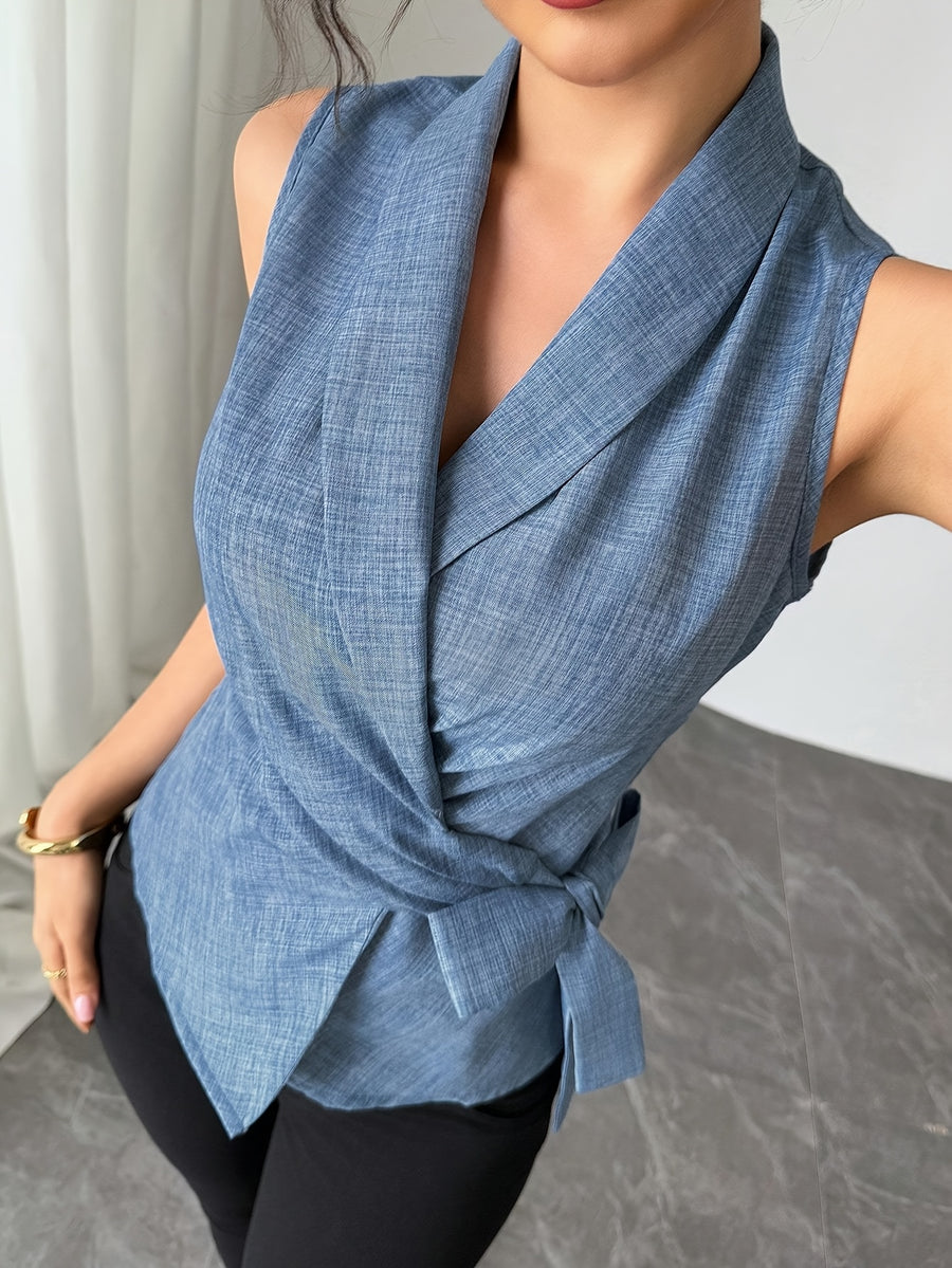 Tie-Front Sleeveless Shawl Collar Shirt, Casual Vacation Top - Sea Blue