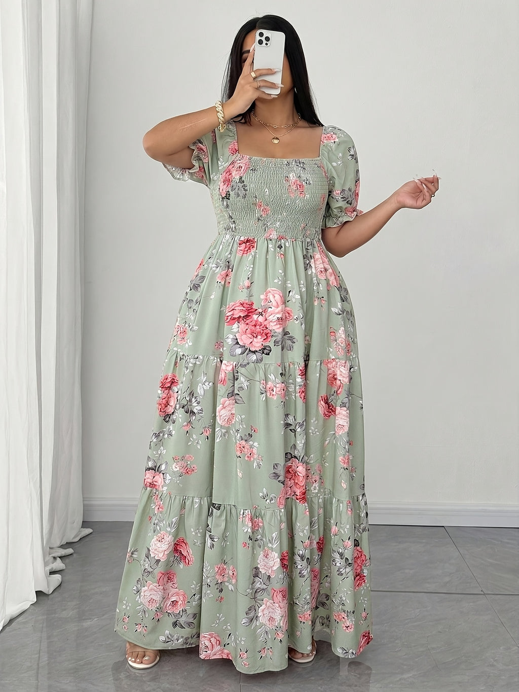 Plus Size, Elegant Women's Floral Print Dress with Ruched Detailing - Green