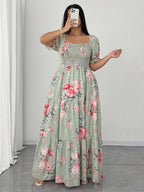 Plus Size, Elegant Women's Floral Print Dress with Ruched Detailing - Green