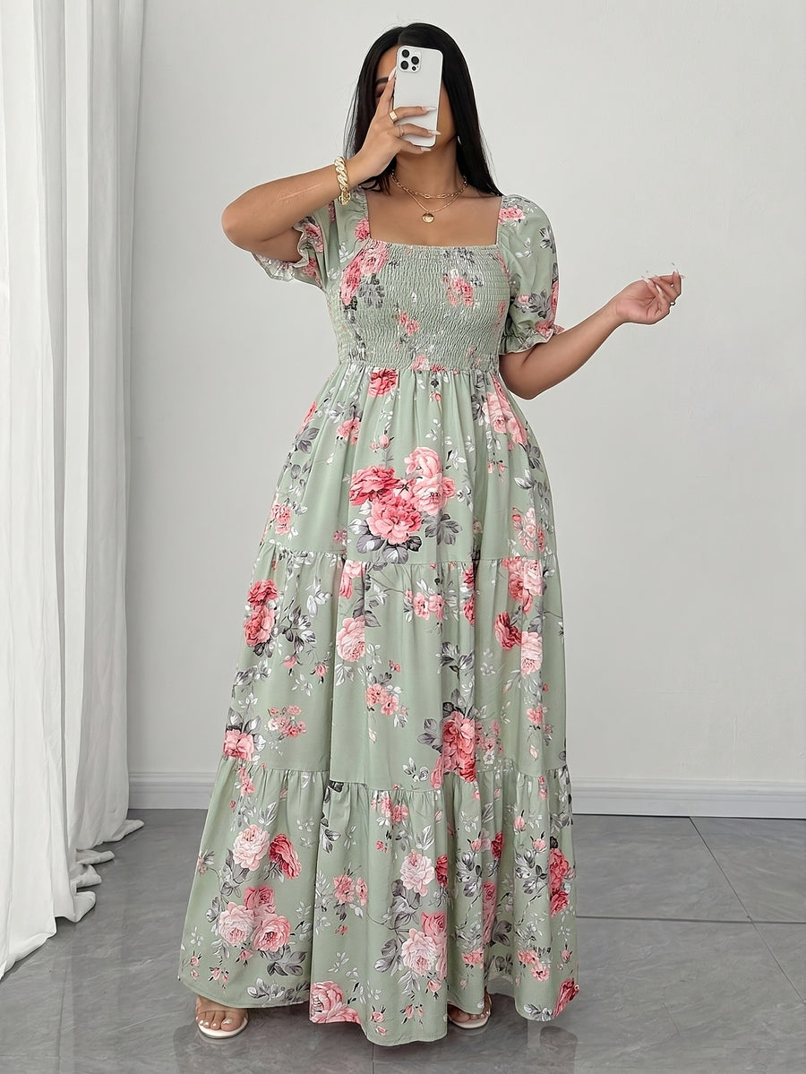 Plus Size, Elegant Women's Floral Print Dress with Ruched Detailing - Green
