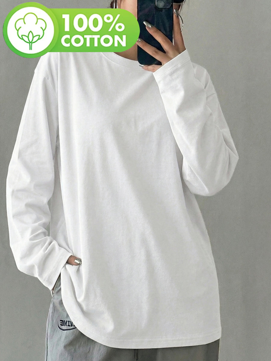 Women'S 100% Solid Color Long Sleeve T-Shirt, Round Neck, Comfortable Casual Wear for Everyday Use - White