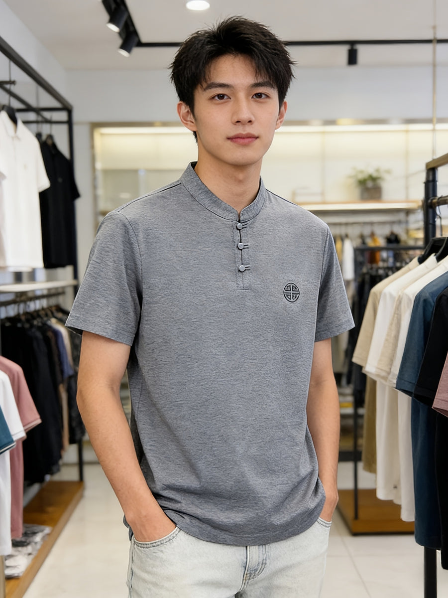 Summer New Fashion Chinese Style Comfortable Fabric Men'S Casual Sports Polo Shirt Short Sleeve, Gift, Casual Wear - Grey