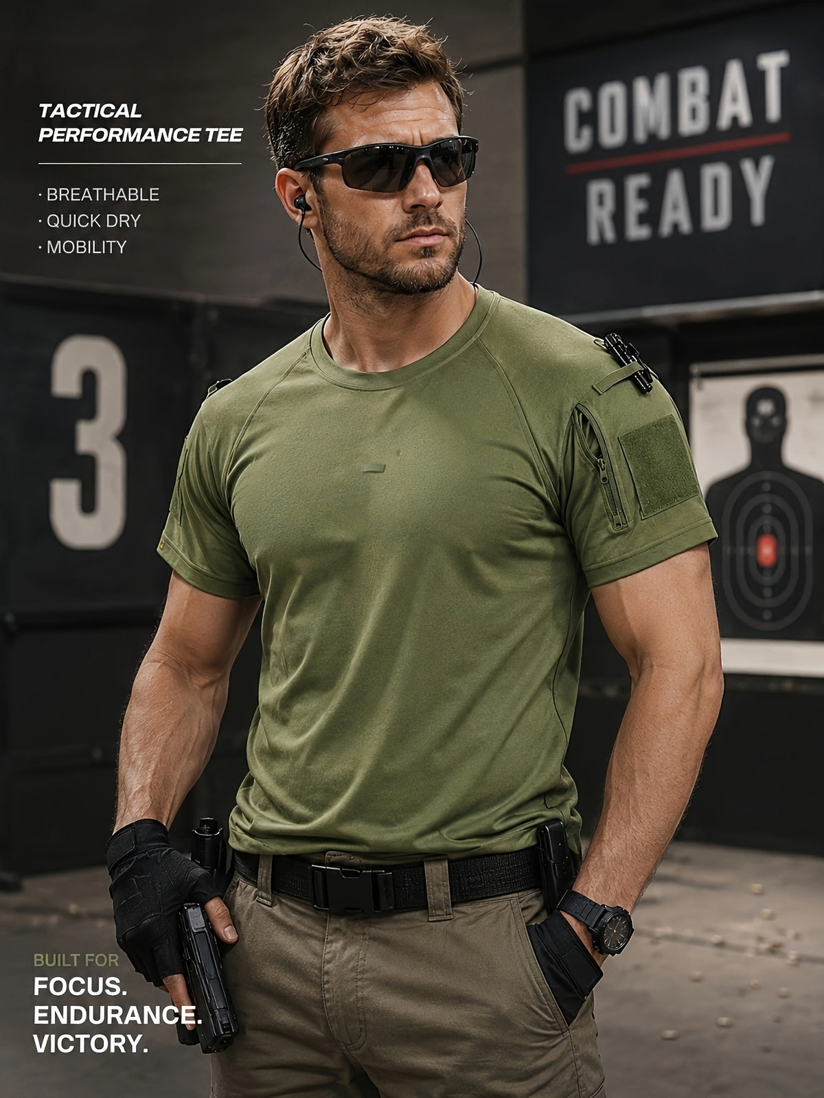 1pc Men'S Round Neck T-Shirt Outdoor Casual Quick-Dry Short Sleeve Top with Pocket And Hook-And-Loop Closure Breathable T-Shirt for Camping Hiking Fishing Running Sports Shirt, Additions Not Included - Olive Green