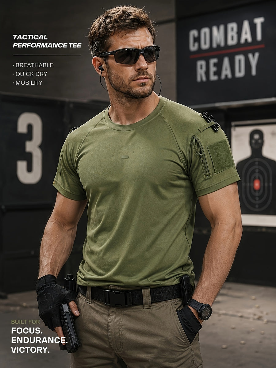 1pc Men'S Round Neck T-Shirt Outdoor Casual Quick-Dry Short Sleeve Top with Pocket And Hook-And-Loop Closure Breathable T-Shirt for Camping Hiking Fishing Running Sports Shirt, Additions Not Included - Olive Green