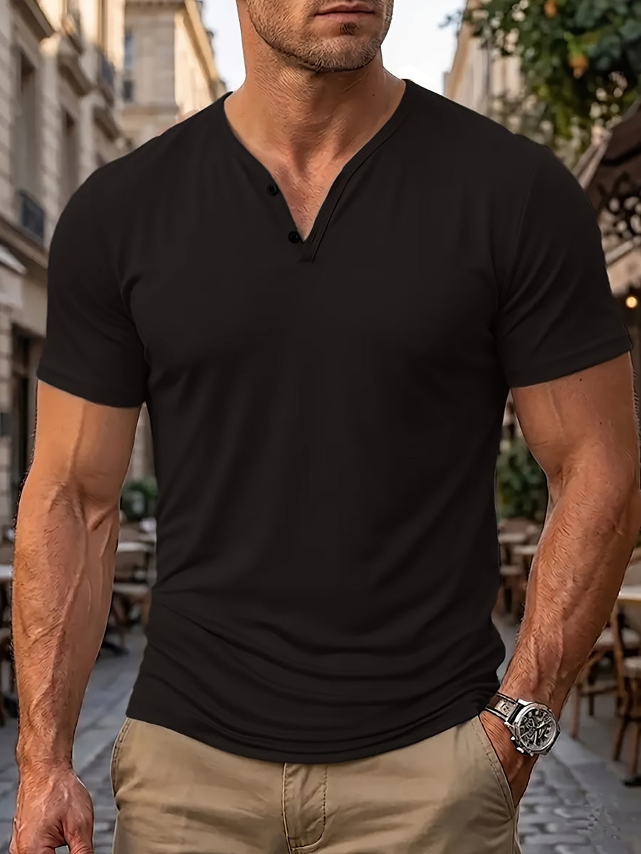 Men's Quick-Dry Moisture-Wicking Henley Shirt - Lightweight Breathable Stretch V-Neck Button-Front Collar T-Shirt Suitable for Gym, Outdoor, & Casual Wear, Solid Color Short Sleeve for Daily Activities & Summer Training (Machine Washable) - Black